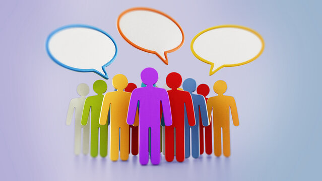 Group of stick figures with speech balloons on blue background. 3D illustration