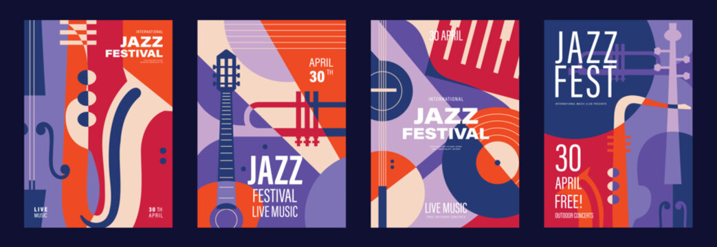 Jazz music festival poster design vector set. Electro Sound Cover template with vibrant abstract gradient record, guitar, saxophone. Ideal design for social media, flyer, party, music festival.