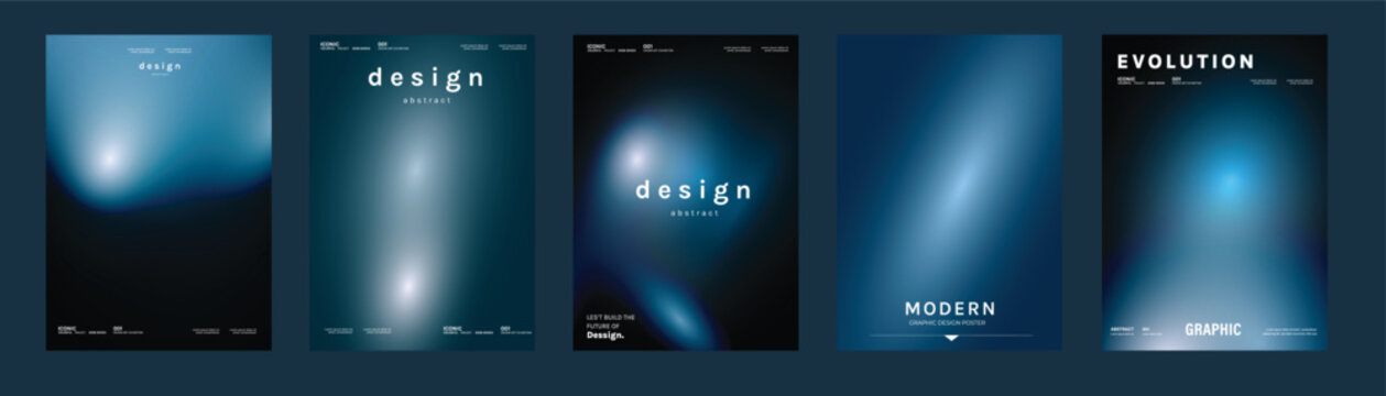 Abstract gradient poster templates set. Vector blue geometric covers with blurred light effects, modern grid layouts and futuristic shapes for flyer, brochure and presentation design.
