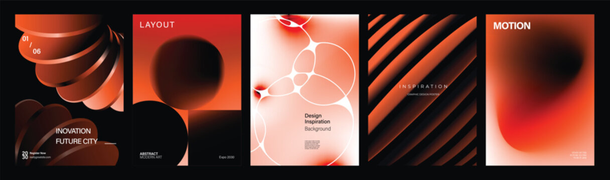 Abstract red gradient poster templates set. Vector modern covers with glowing geometric shapes, spiral forms, diagonal lines and blurred effects for flyer, brochure and presentation design.