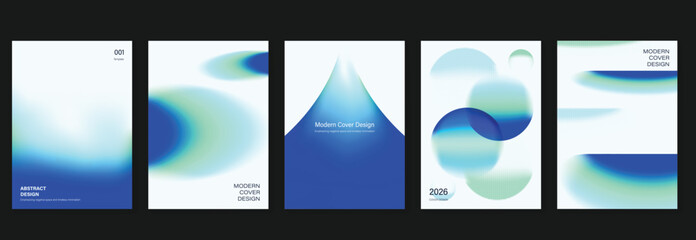 Abstract gradient poster templates set. Vector blue geometric covers with blurred light effects, modern grid layouts and futuristic shapes for flyer, brochure and presentation design.