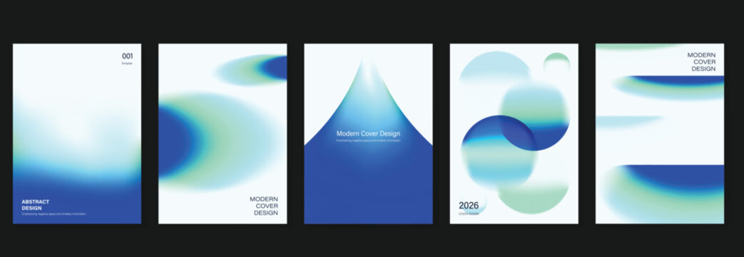 Abstract gradient poster templates set. Vector blue geometric covers with blurred light effects, modern grid layouts and futuristic shapes for flyer, brochure and presentation design.