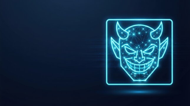 Glowing blue wireframe devil head symbolizes cutting-edge AI, neural networks, and futuristic tech against dark background perfect for digital science and high-tech innovation projects