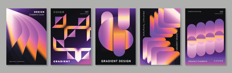 Fototapeta na wymiar Abstract gradient cover templates set. Vector geometric posters with purple pink black and white shapes, optical patterns and modern layouts for brochure, flyer and presentation design.