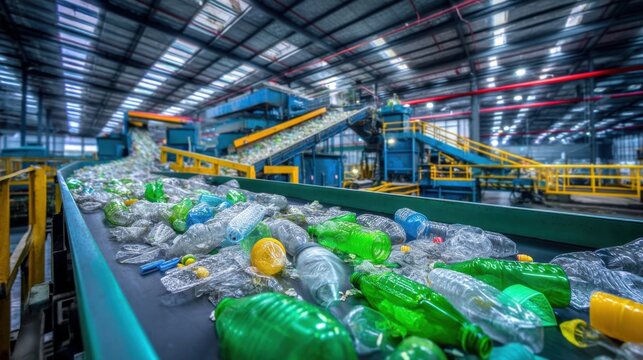 Industrial recycling facility interior showcasing vibrant plastic bottles on conveyor belt, emphasizing sustainability and eco-friendly processing in waste management operations