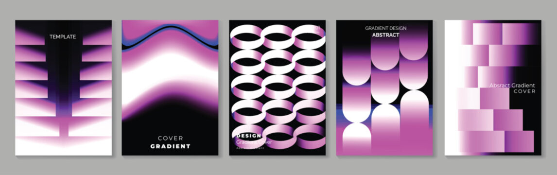Abstract gradient cover templates set. Vector geometric posters with purple pink black and white shapes, optical patterns and modern layouts for brochure, flyer and presentation design.