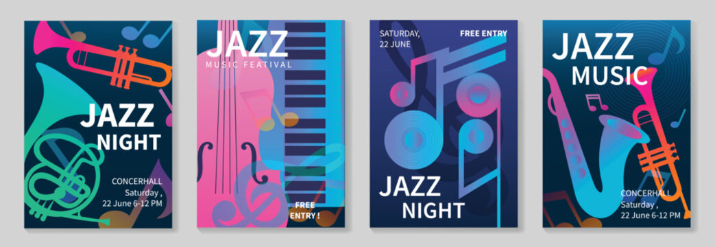 Jazz music festival poster design vector set. Electro Sound Cover template with vibrant abstract gradient record, guitar, saxophone. Ideal design for social media, flyer, party, music festival.