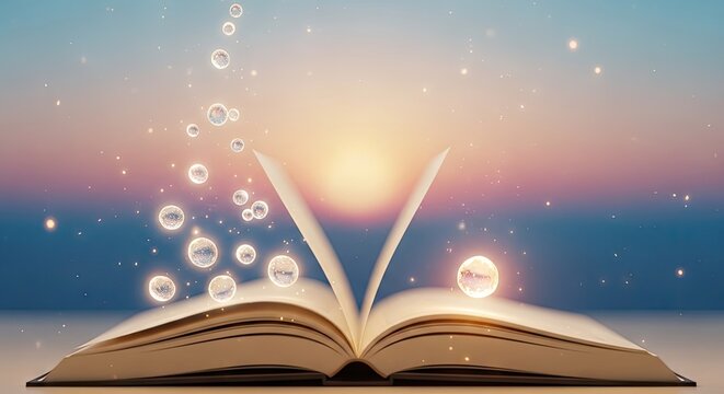 Glowing magical open book with floating bubbles at sunset.