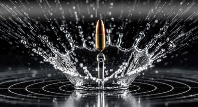 High speed bullet creating symmetrical water crown splash.