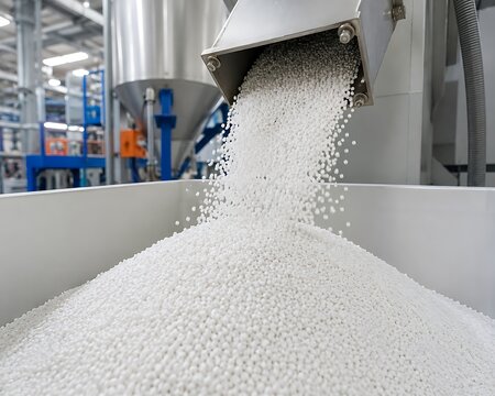 Industrial manufacturing process showing white plastic resin pellets pouring into a large container at a production facility
