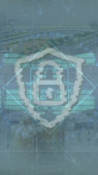 Animation of digital padlock and block chain over cityscape