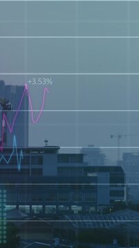 Animation of financial graph and data processing over cityscape