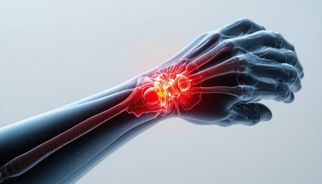 Hand holding glowing red wrist injury. Painful inflammation and swelling in human joint from strain or overuse. Medical concept for carpal tunnel s...