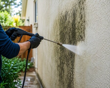 A professional worker uses a high pressure water sprayer to clean dirt and mold off exterior house walls