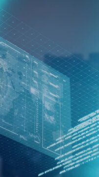 Animation of interface with data processing and blue light spot against aerial view of cityscape