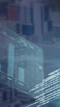 Animation of financial data processing over cityscape