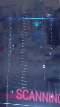 Animation of interface with data processing against aerial view of tall buildings