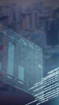 Animation of interface with data processing and blue light spot against aerial view of cityscape