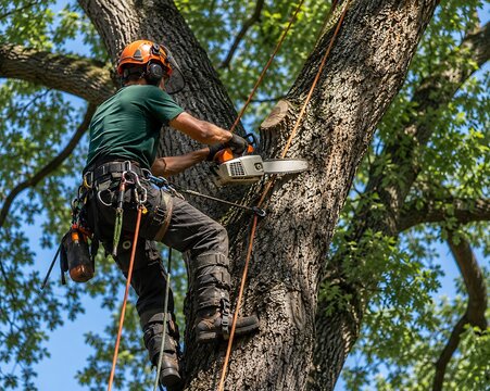 Professional arborist wearing safety gear using a chainsaw to prune branches high up in a large tree