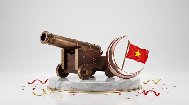 Vietnam National Day 3D podium stage with cannon and golden star flag concept photo