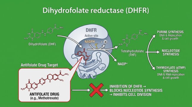 Dihydrofolate reductase DHFR enzyme mechanism and antifolate drug inhibition diagram