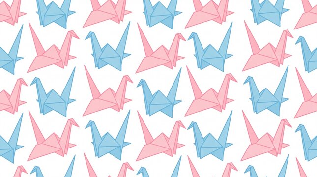 Pastel pink and blue origami paper cranes seamless pattern background