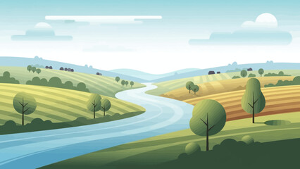 Fototapeta premium Serene Winding River Through Lush Green Rolling Hills and Farmland.