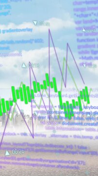 Animation of graphs and processing data over bright cloudy cityscape