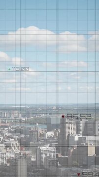 Animation of graphs processing data over cloudy sky and cityscape