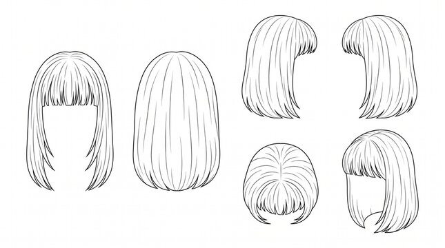 Set of Medium Length Haircut with Bangs Line Art Illustration from Different Angles Front Back and Side Views