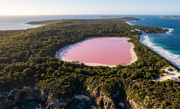  Lake Hillier Surrounded by Australian Coastal Forest and Ocean