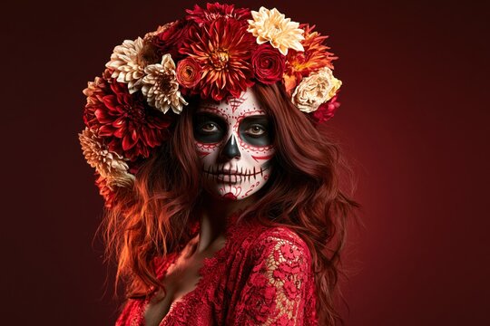 Dia de los Muertos Portrait with Floral Headdress and Skull Makeup