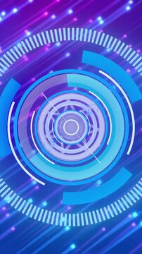 Rotating blue and purple digital interface animation over dynamic light streaks background
