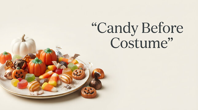 Colorful assortment of candy and sweets on a table with halloween costumes