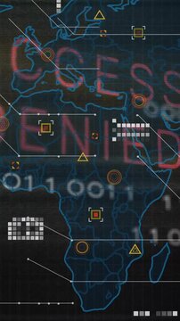 Access Denied text animation over digital world map with data and security icons