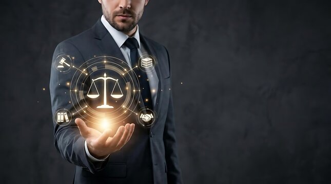Businessman holding glowing digital justice icons