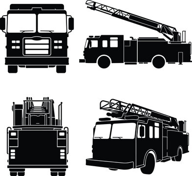 Fire Truck Silhouette Set &ndash; Front, Side, Rear, and Perspective Views of Emergency Vehicle