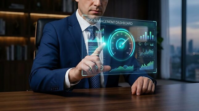 Businessman interacting with digital risk management dashboard
