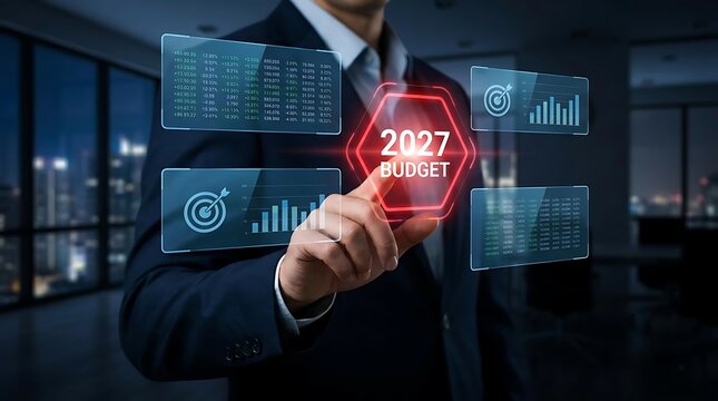 Businessman interacting with futuristic digital budget interface