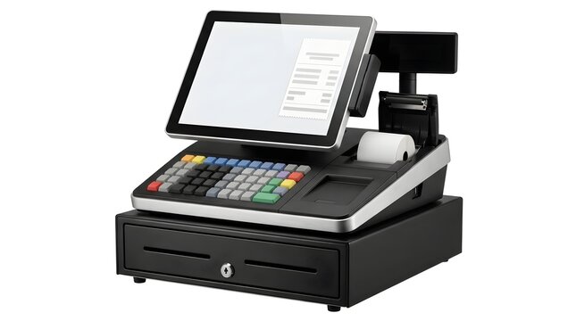 Modern electronic cash register with touchscreen display and receipt printer on white.