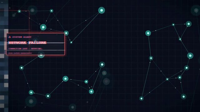 Digital network connection failure with glitch effects and system alert warning on dark grid background