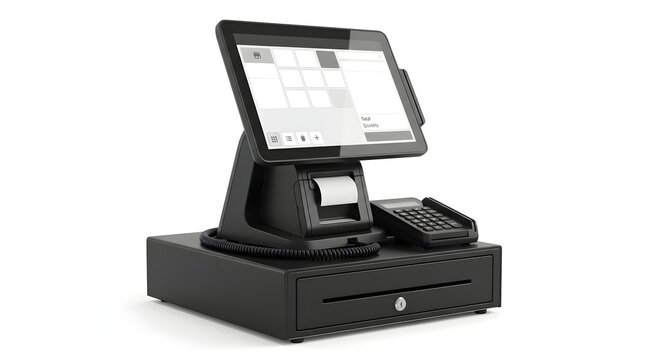 Modern black pos system terminal with touchscreen display and receipt printer on cash drawer isolated.