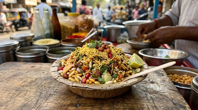 Bhel puri street food served in a rustic leaf bowl sits on a weathered wooden cart in a busy market.