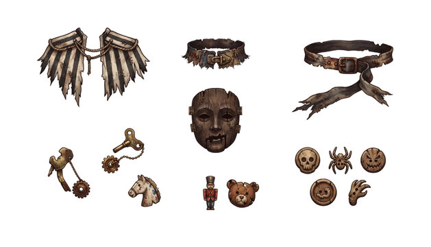 Fantasy costume accessories featuring rustic belts, wooden mask, ragged fabric pieces and themed ornaments vector design
