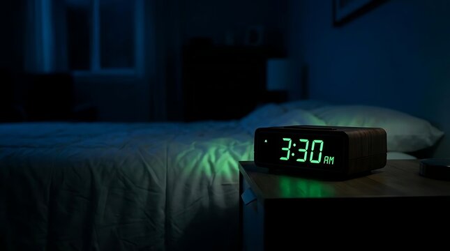 Digital alarm clock on a nightstand in dark bedroom