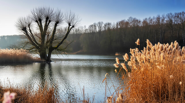 Serene winter lake landscape with bare pollard willow tree and golden reeds at sunrise