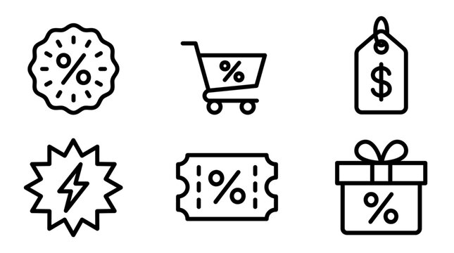Set of Black Friday marketing badge icons including discount price tags percentage coupons shopping cart flash sale lightning and gift box symbols