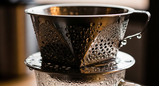 A stainless steel coffee filter and cup with water droplets on a blurred background