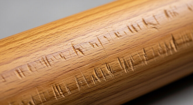 Close-up of wooden object with carved runic inscriptions on its surface