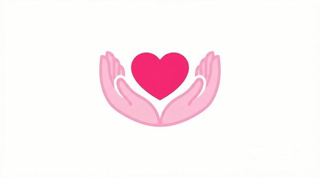 Minimalist graphic design featuring soft pink hands cupping a bright vibrant red heart shape centered against a clean white background for charity and healthcare themes